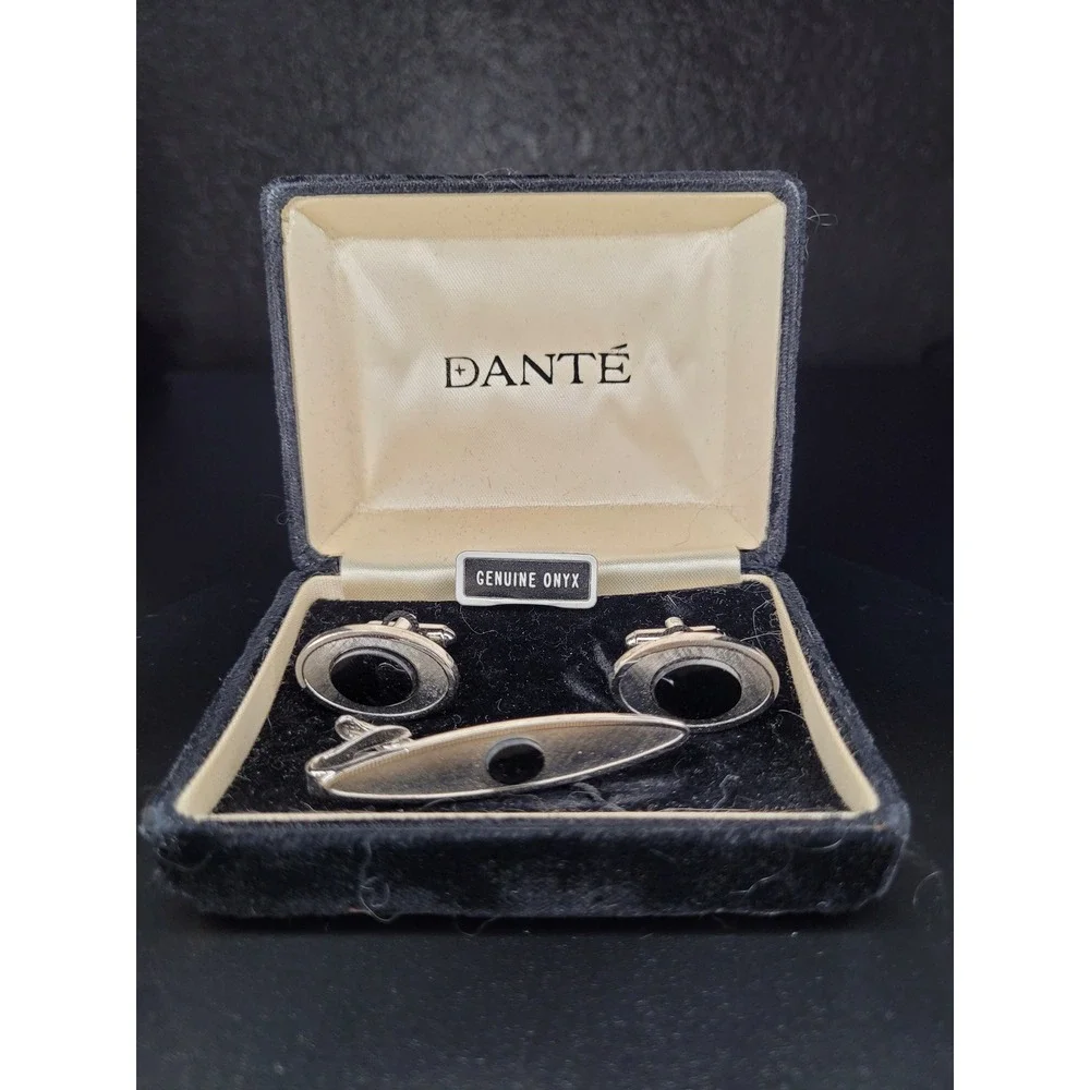 Dante Cufflinks Tie Clip Set Silver Tone Genuine Onyx Oval Textured Boxed